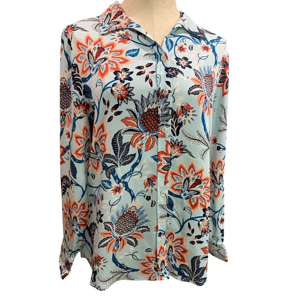 Size 8/10 Chicos Womens Button Up Blouse Shirt Modal Blue Floral